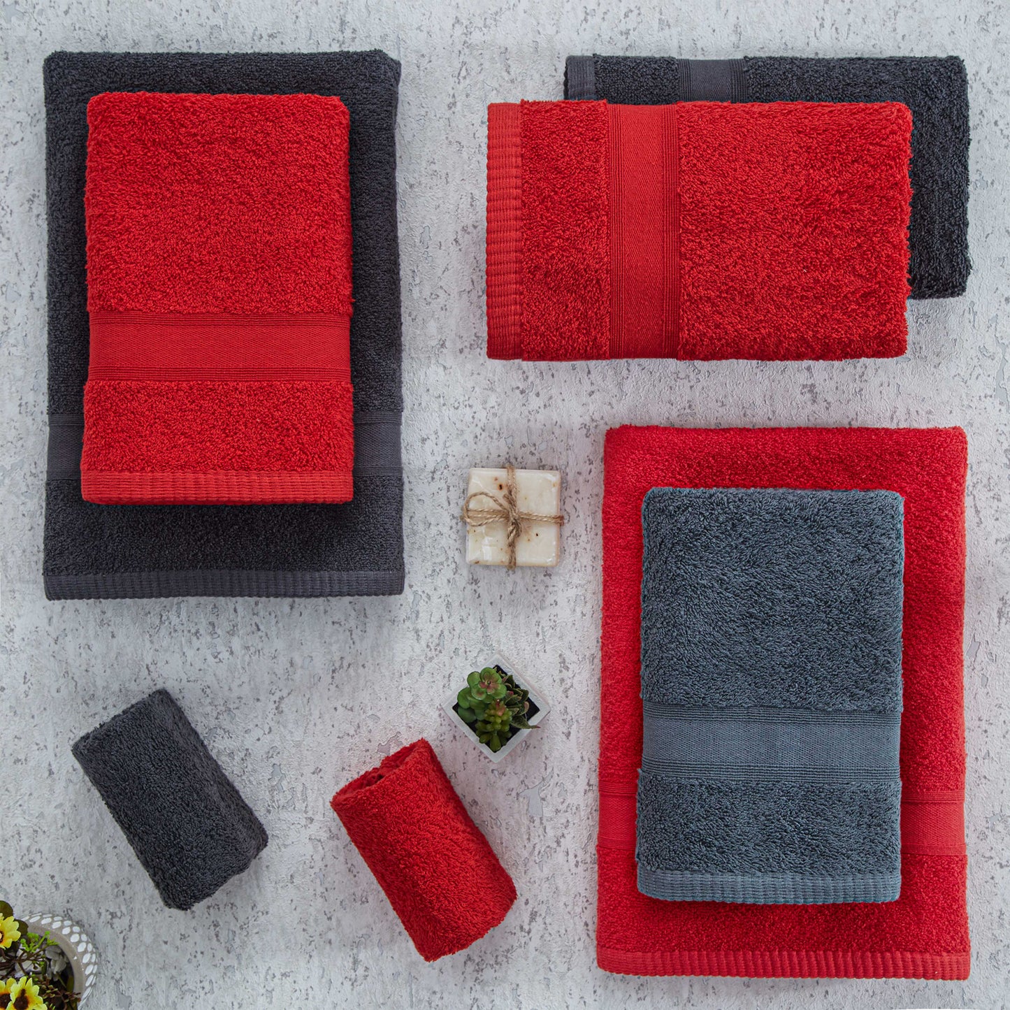 Handtücher Set Grau Rot 8 Teilig